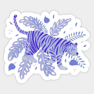 Indigo blue tiger and tropical leaves Sticker